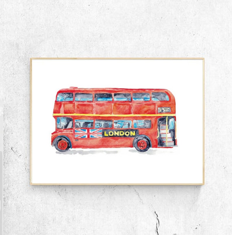 Double-decker Bus London print Red Kids room wall decor painting watercolour ink Art Illustration boy girl car vehicle Nursery Double Decker