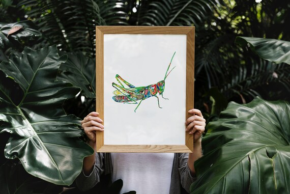バッタの絵水彩インク虹色グリーンウォールアートバグレインボー昆虫