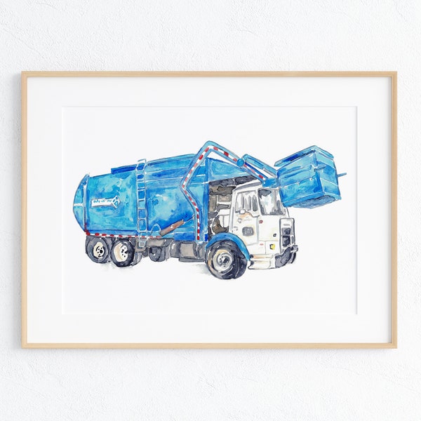 Garbage truck print Trash truck Kids room wall decor painting watercolour ink blue Art Illustration boy girl car vehicle Nursery Colorful