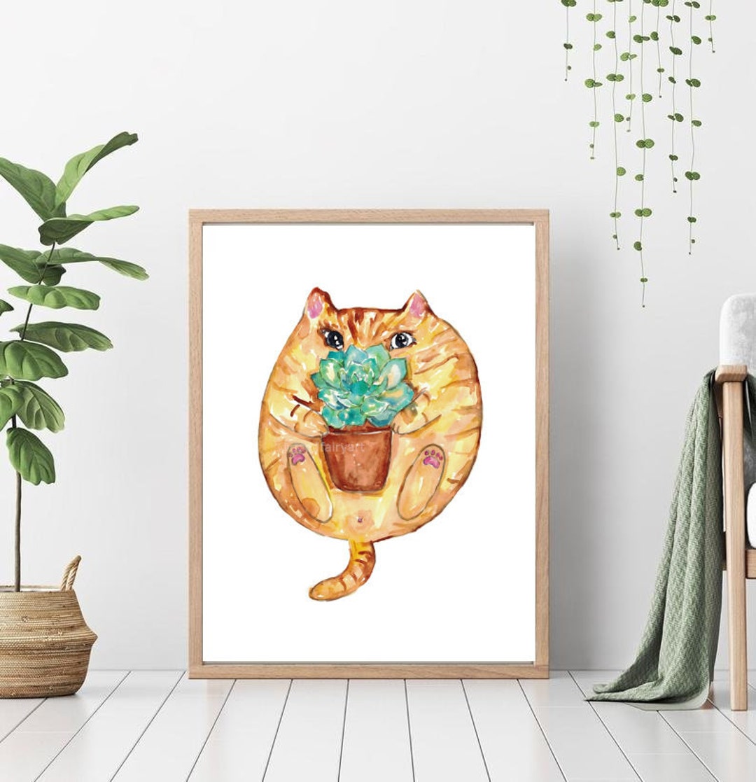 Succulent Flower Pot Cat Peeking Painting Wall Poster Watercolor Art ...