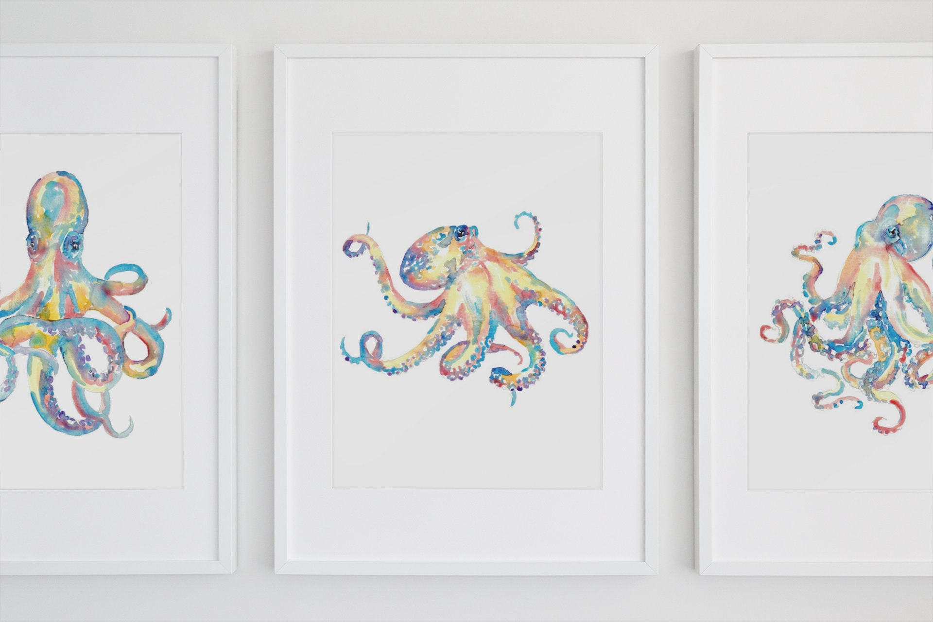 Set of 3 octopus watercolor painting print art whale fish | Etsy