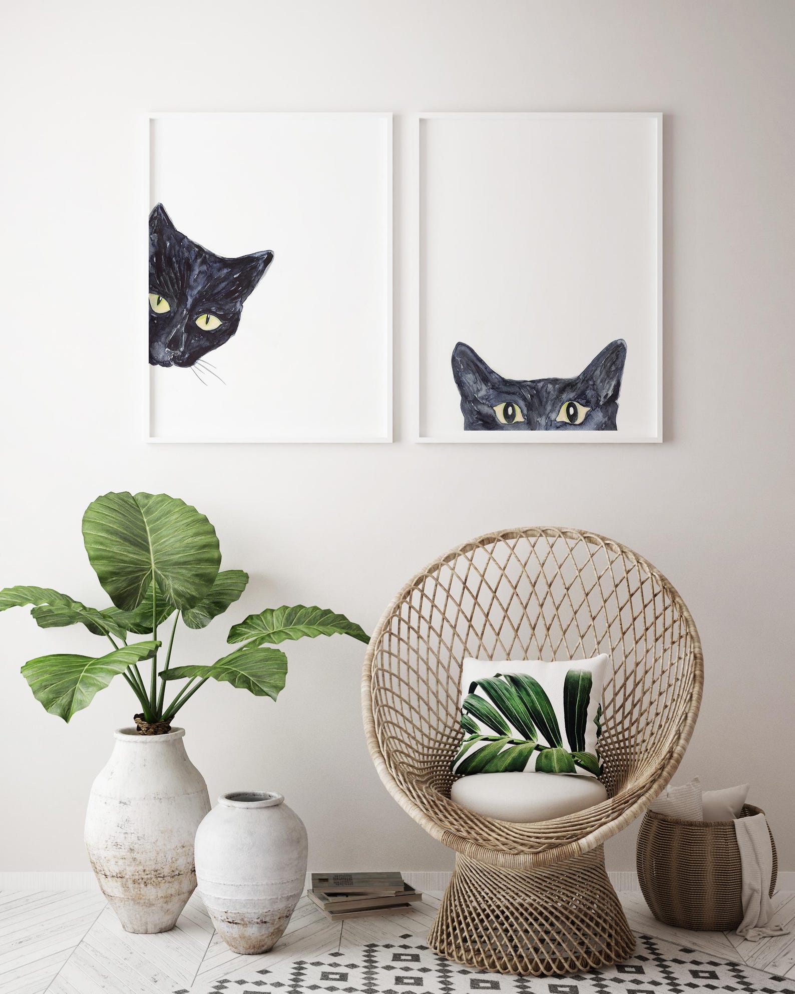 Set of 2 Black Cat Peeking Painting Wall Poster Watercolor Art Colorful ...
