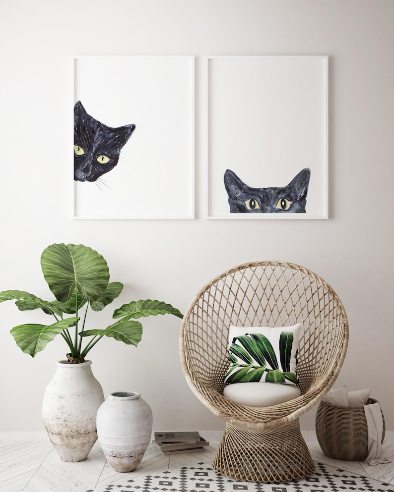 Set of 2 Black Cat Peeking Painting Wall Poster Watercolor Art Colorful ...