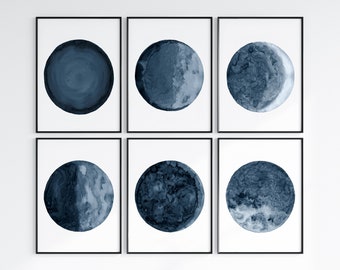Moon Indigo Print Set of 6 Prints Watercolor Painting Print Moon Phases Celestial Gift Wall Decor Home Wall Art Luna Lunar Moons Deep Blue