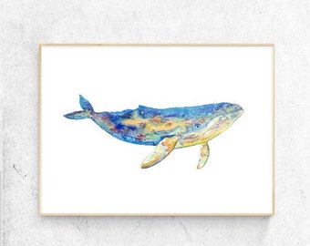 Humpback whale watercolor painting print art, animal, illustration, Sea art, sea life art, nautical, ocean art wall poster decor modern