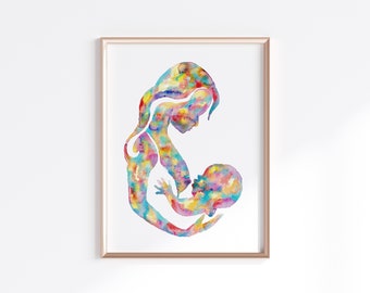 Lactancia madre y bebé lactante mama arte impresión mujer con niño acuarela Doula Boob arte cartel ginecología obstetricia OBGYN pared