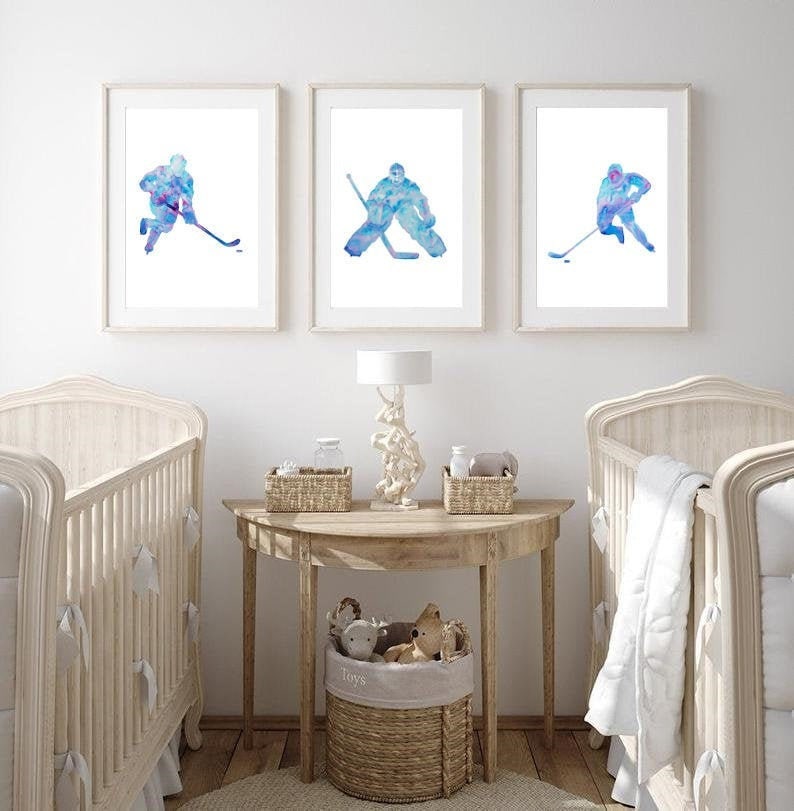 Set of 3 hockey art print watercolor painting gift drawing studio classes silhouette woman boy girl goalie game player ice skating skater