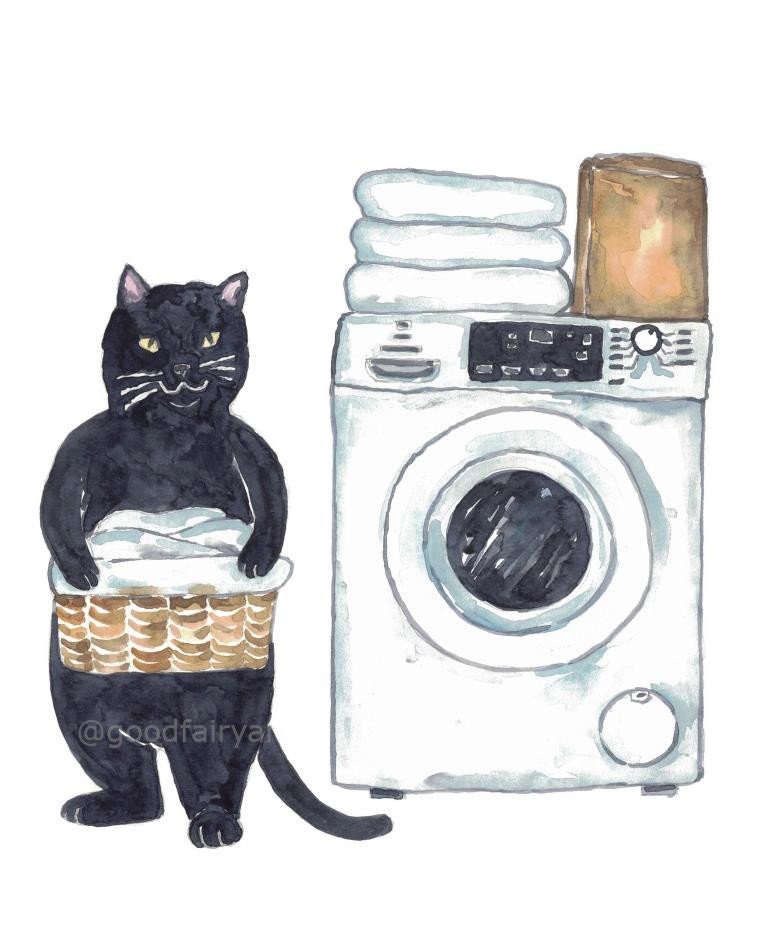Set of 3 Black Cat Laundry Painting Wall Poster Watercolor Art Decor ...