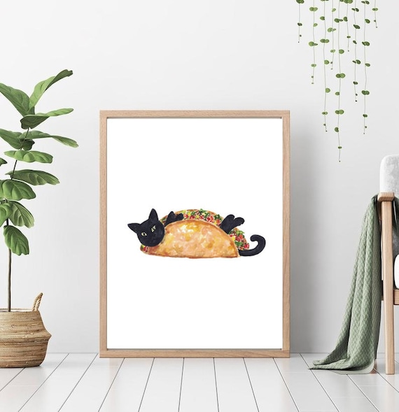 タコス猫の絵画キッチン壁ポスター水彩アートレストラン装飾プリント