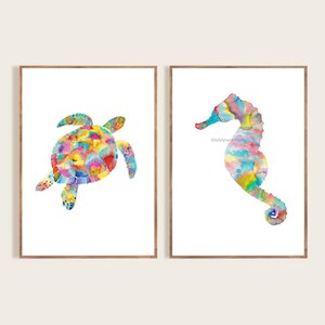 Set of 2 sea turtle and sea horse watercolor painting print art, animal, illustration life nautical, ocean green wall poster decor modern