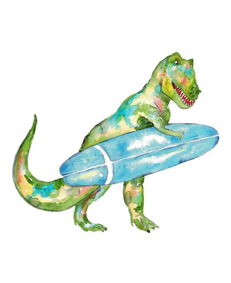 T-rex Surfing Dinosaur Painting Watercolour Dino Trex Wall Art Rainbow ...
