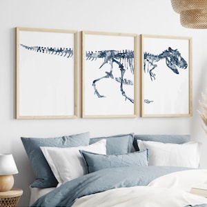 Set of 3 Navy dinosaurs painting watercolour dino trex T-rex Wall Art watercolor Illustration Print Nursery Bones Skeleton Trex Skull