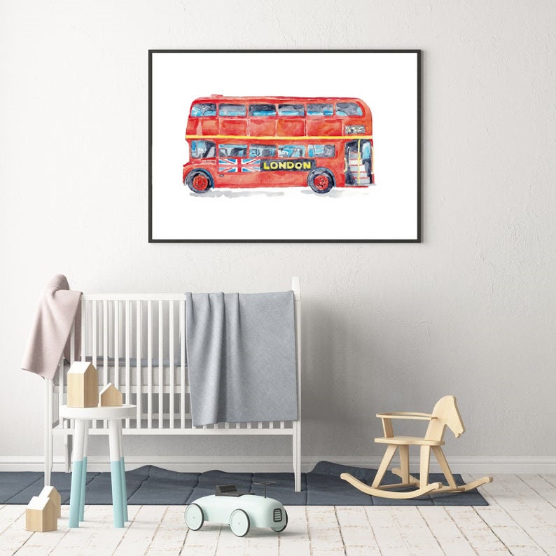 Double-decker Bus London print Red Kids room wall decor painting watercolour ink Art Illustration boy girl car vehicle Nursery Double Decker