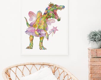 T-rex princess fairy dinosaur painting watercolour dino trex pink Wall Art Rainbow watercolor Steam Punk Illustration Print Nursery Colorful