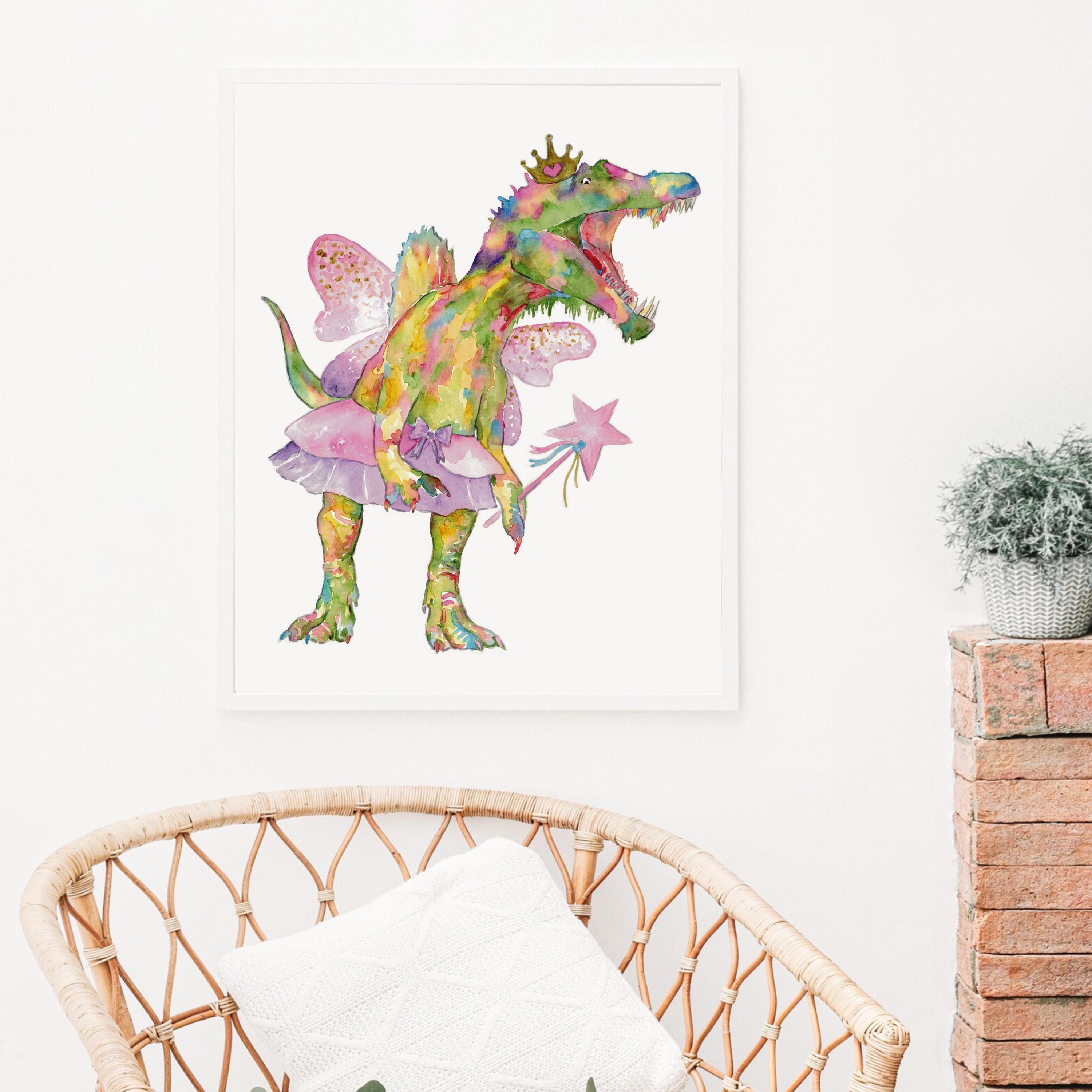 T-rex プリンセス フェアリー 恐竜 絵画 水彩 ディノ trex ピンク