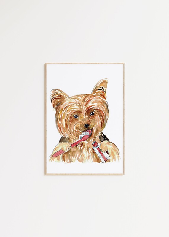 Dog Yourkie Yorkshire Terrier Brushing Teeth Bath Watercolor
