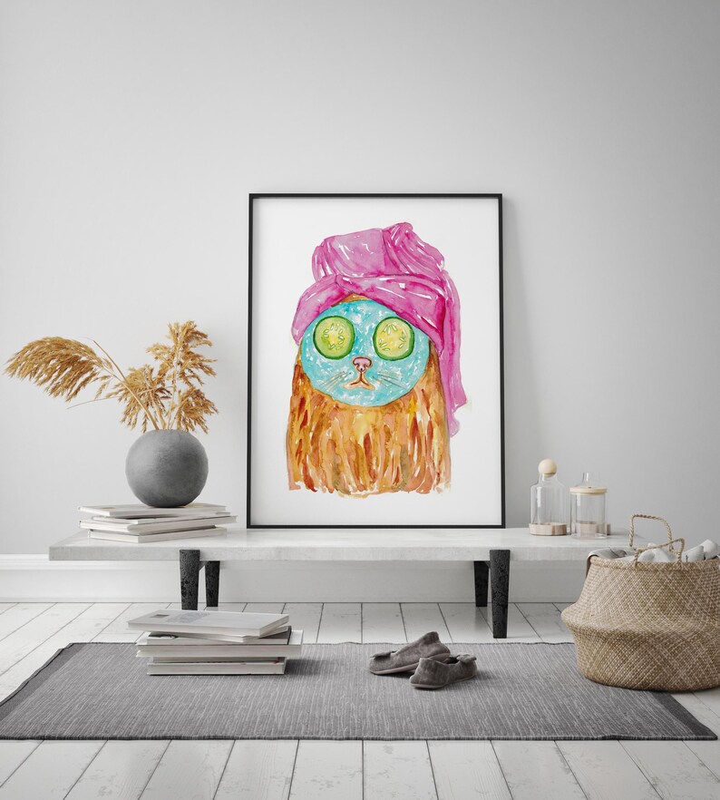 SPA Cat Tabby Painting Wall Poster Watercolor Art Towel Decor Print Pet ...