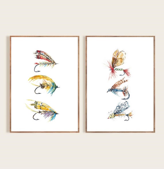 Set of 2 Fly Fishing Lure Watercolor Painting Print Art Animal