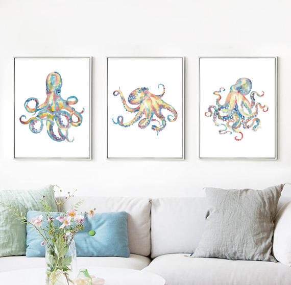 Set of 3 Octopus Watercolor Painting Print Art Whale Fish | Etsy