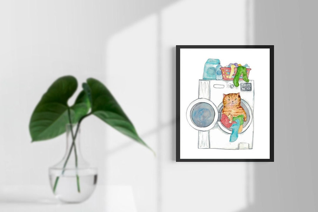 Cat Doing Laundry Painting Wall Poster Watercolor Art Decor Print Pet ...
