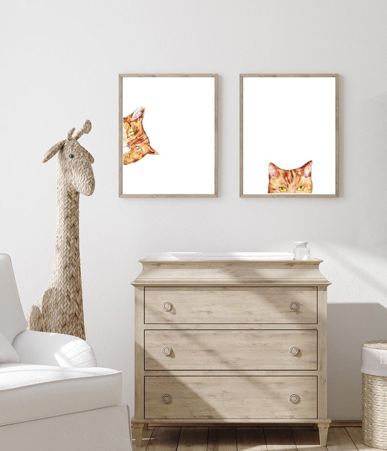 Set of 2 Orange Cat Peeking Painting Wall Poster Watercolor Art ...
