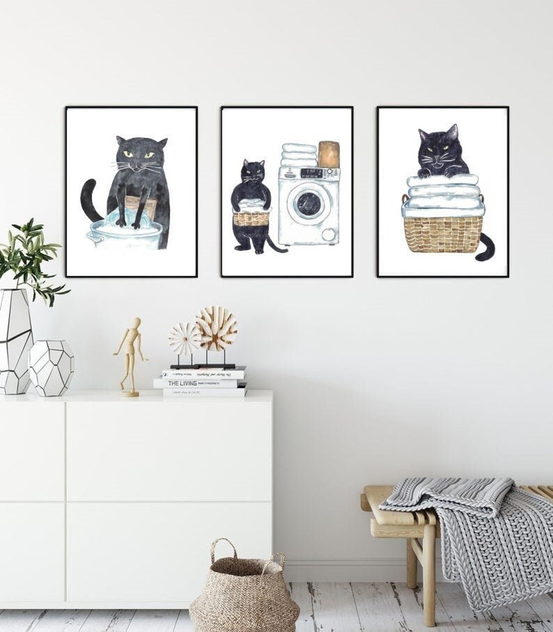 Set of 3 Black Cat Laundry Painting Wall Poster Watercolor Art Decor ...
