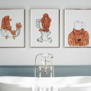 Set van 3 bruine poedel hondentoilet Schilderij Muurposter Aquarel Kunstdruk Huisdier Tekening badkamer optreden grappige badkamer bad badkuip wasruimte