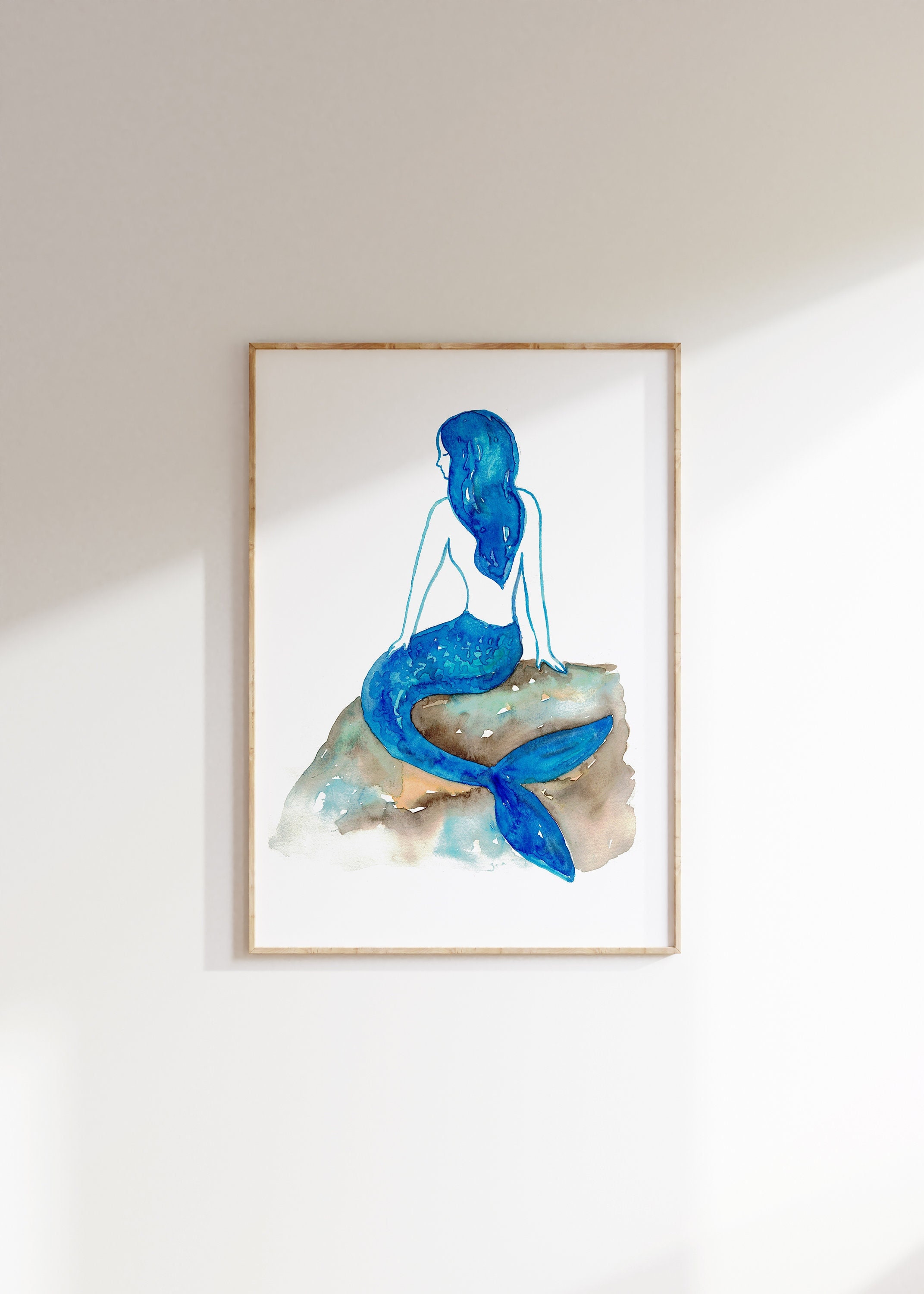 Mermaid watercolor painting print art, animal, illustration, Sea sea life jelly fish blue nautical, ocean art wall poster decor modern