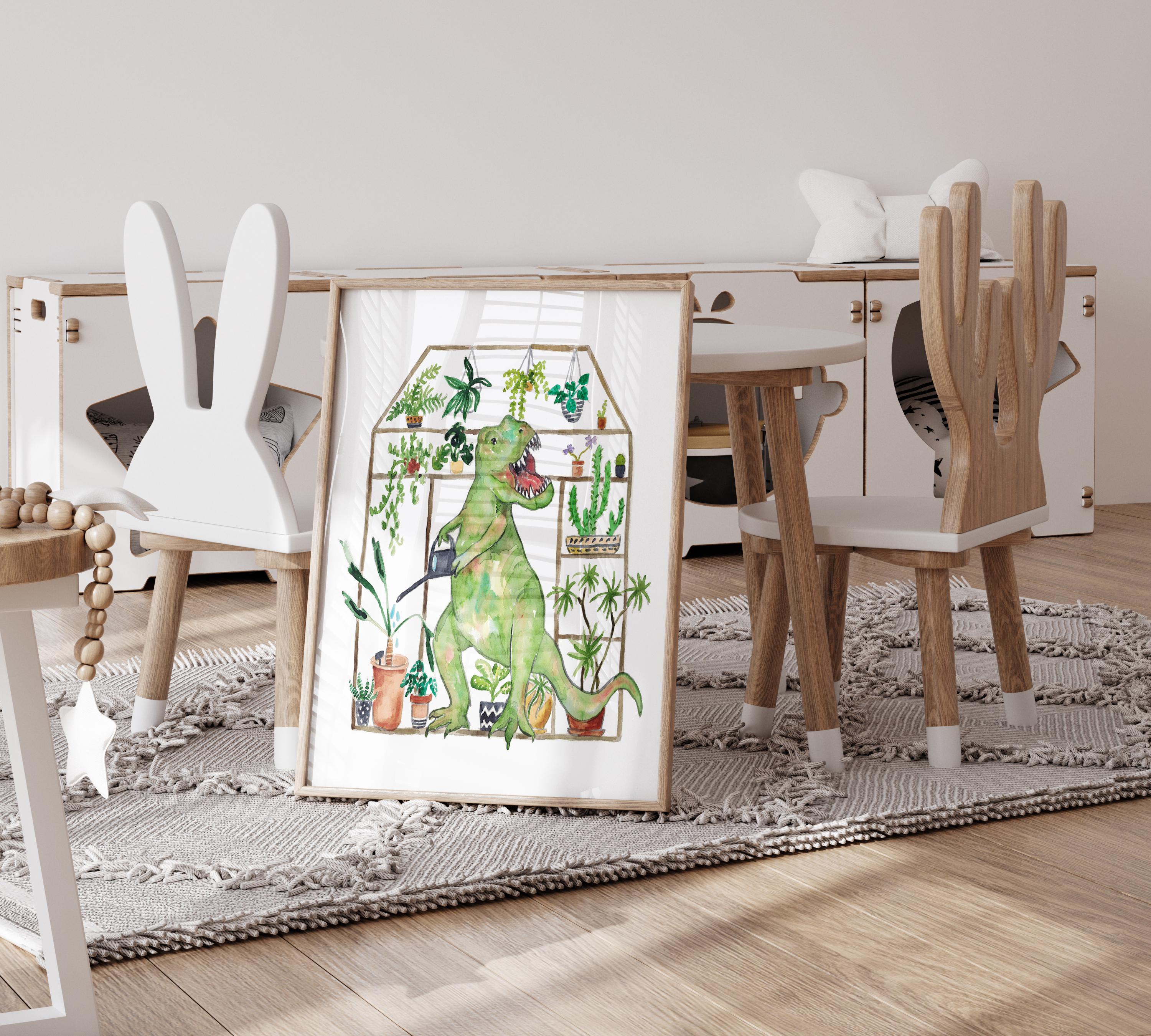 T-rex Gardening Dinosaur Painting Watercolour Dino Trex Garden