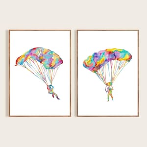 Set of 2 Paragliding art paraglider parachute extreme sport print watercolor painting gift drawing sketch skydiver skydiving parachuting