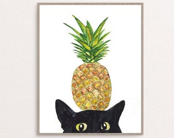 Pineapple cat Painting Kitchen Wall Poster Watercolor Art Restaurant Decor Print Custom Pet Drawing pine apple portrait gig funny nursery