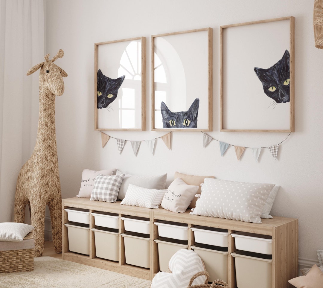 Set of 3 Black Cat Peeking Painting Wall Poster Watercolor Art Colorful ...