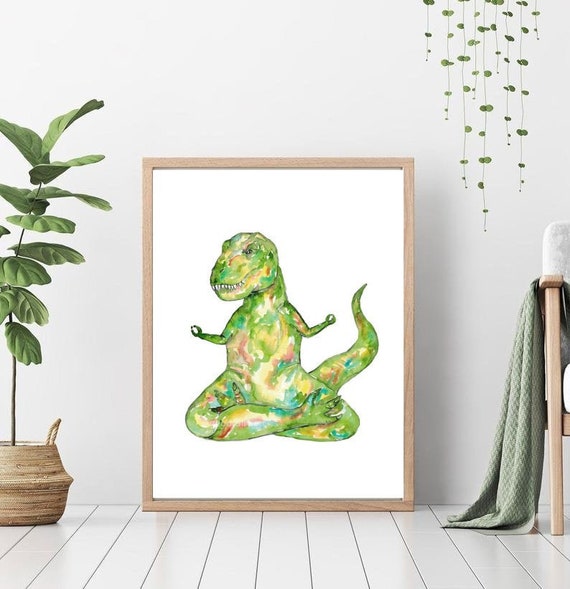 Trex Yoga Dinosaur Painting Watercolour Dino Trex Wall Art Etsy
