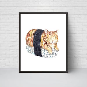 Sushi Cat Painting Kitchen Wall Poster Watercolor Art Restaurant Decor ...