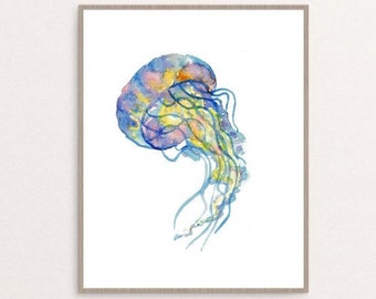 Jelly fish watercolor painting print art, animal, illustration, Sea sea life jelly fish blue nautical, ocean art wall poster decor modern