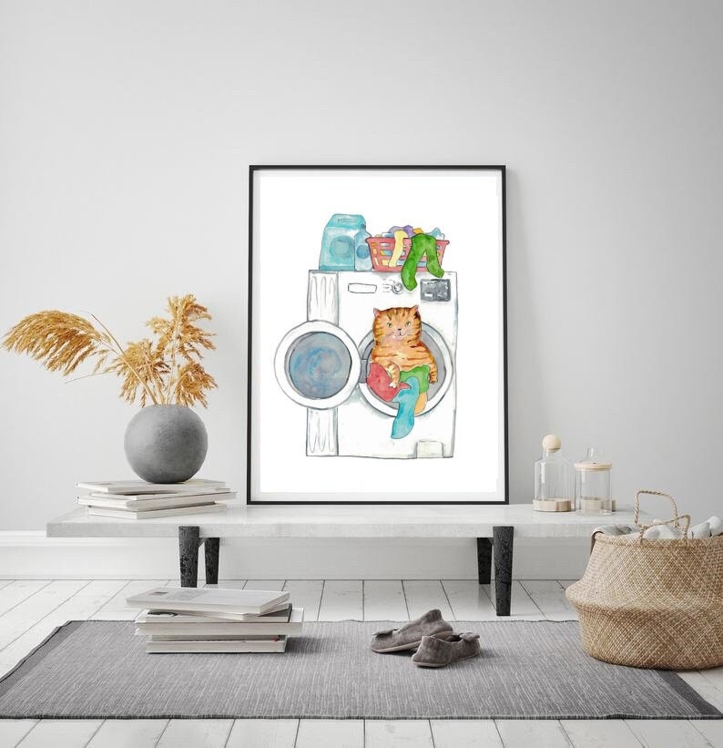 Cat Doing Laundry Painting Wall Poster Watercolor Art Decor - Etsy
