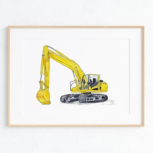Excavator construction truck print Kids room wall decor painting watercolour ink yellow Art Illustration boy girl car vehicle Nursery