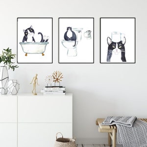 Set of 3 Tuxedo Cat Toilet Painting Wall Poster Watercolor Art Decor ...