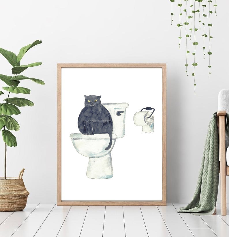 Black Cat Toilet Painting Wall Poster Watercolor Art Decor Print Pet ...