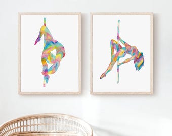 Set of 2 Pole dance art yoga print watercolor painting gift drawing sketch dancer silthouette woman gymnastics gym gymnast sport art