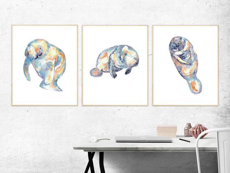 Set of 3 manatee watercolor painting print art whale fish animal illustration sea life mammal nautical ocean wall poster decor modern image 2