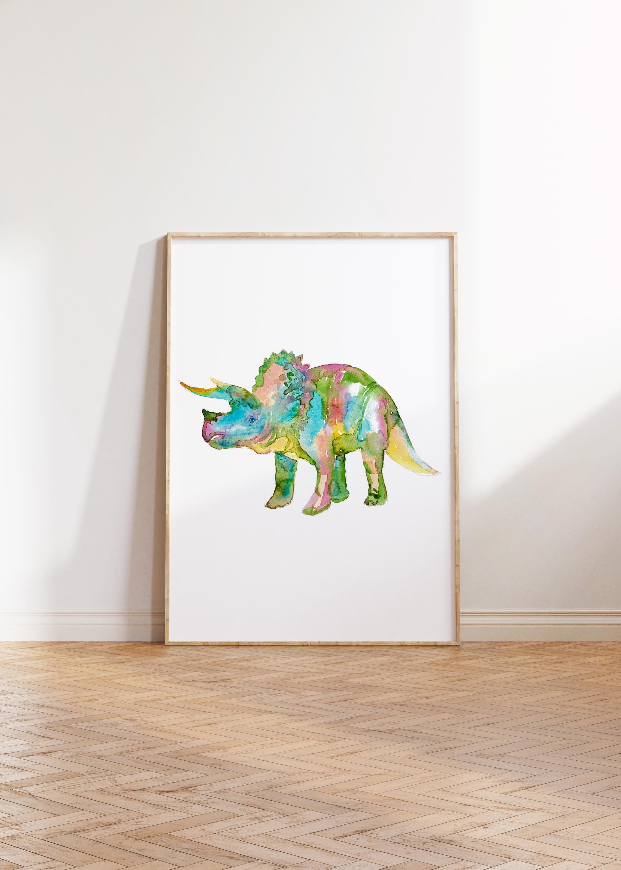トリケラトプス恐竜絵画水彩ディノトレックス虹色ウォールアート