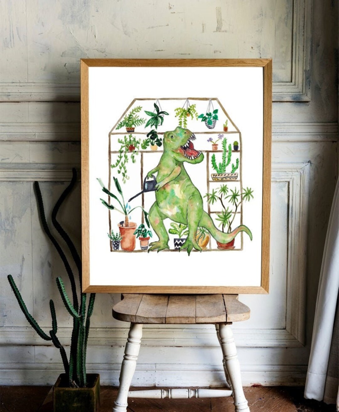 Trex Dino Rex Dino Aquarell Garten Gärtner Wand Kunst Regenbogen
