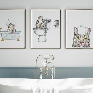 Set of 3 Grey Cat Toilet Painting Wall Poster Watercolor Art Decor ...