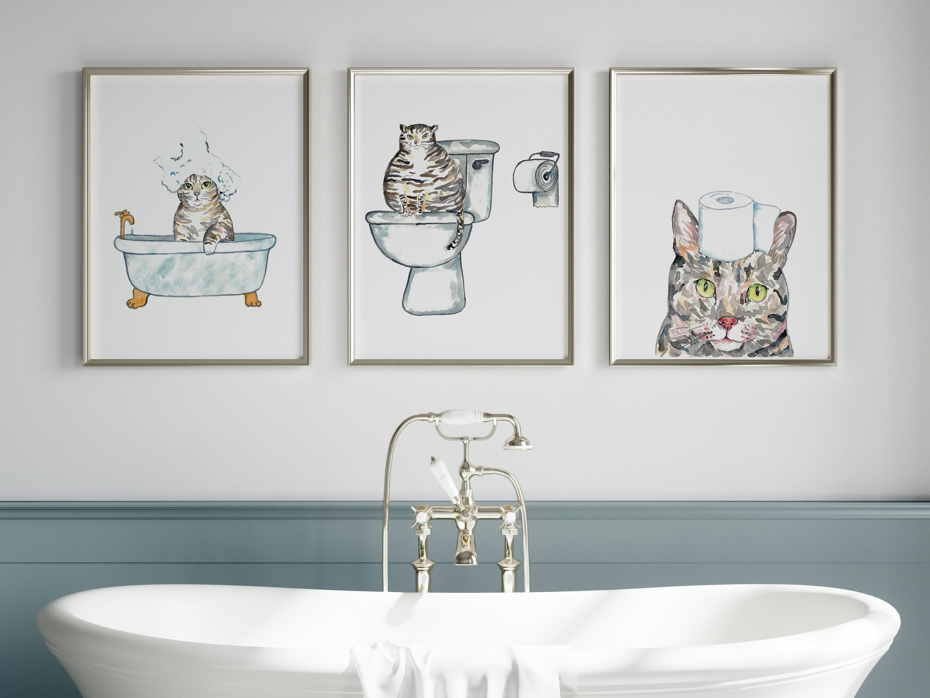 Set of 3 Grey Cat Toilet Painting Wall Poster Watercolor Art Decor ...