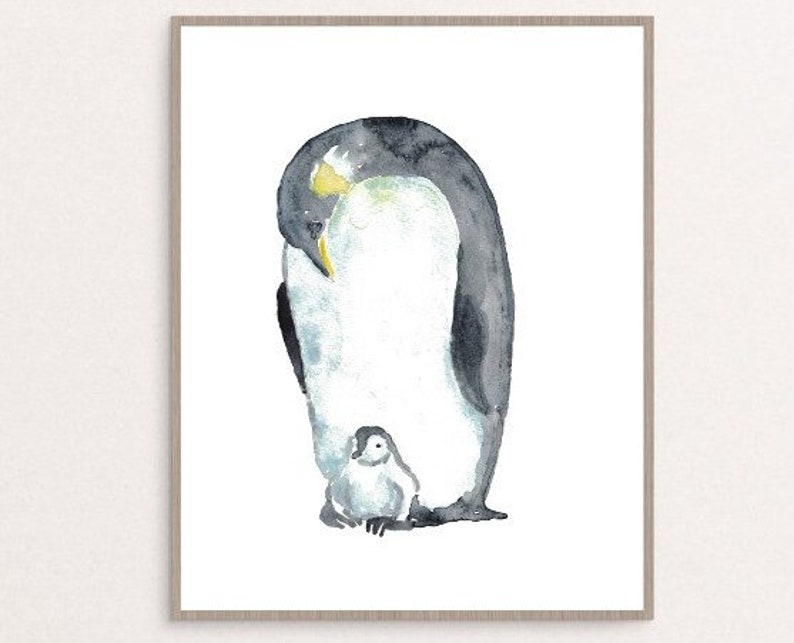 Penguin bird watercolor painting print art animal illustration nothern life nautical ocean wall poster decor modern north pole father mother