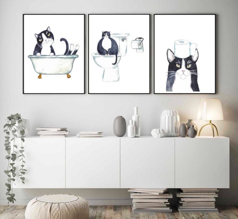 Set of 3 Tuxedo Cat Toilet Painting Wall Poster Watercolor Art Decor ...