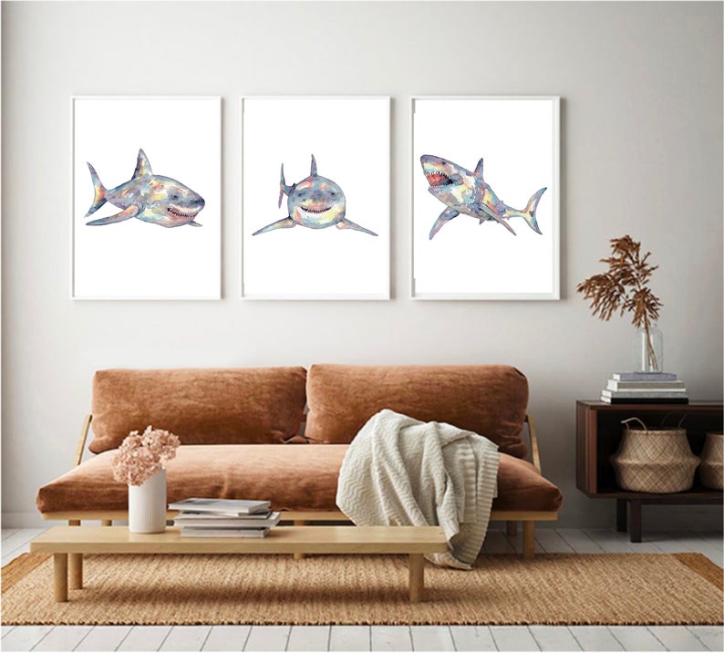 Set of 3 shark watercolor painting print art whale fish animal illustration sea life whale nautical ocean coastal wall poster decor modern