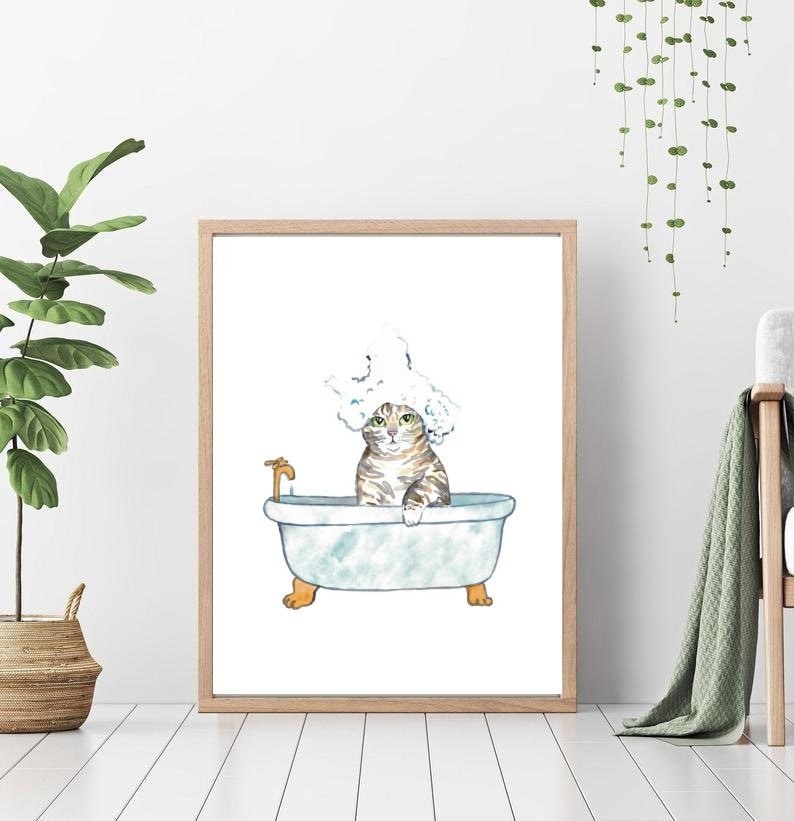 SPA Cat Grey Tabby Painting Wall Poster Watercolor Art Decor Print Pet ...