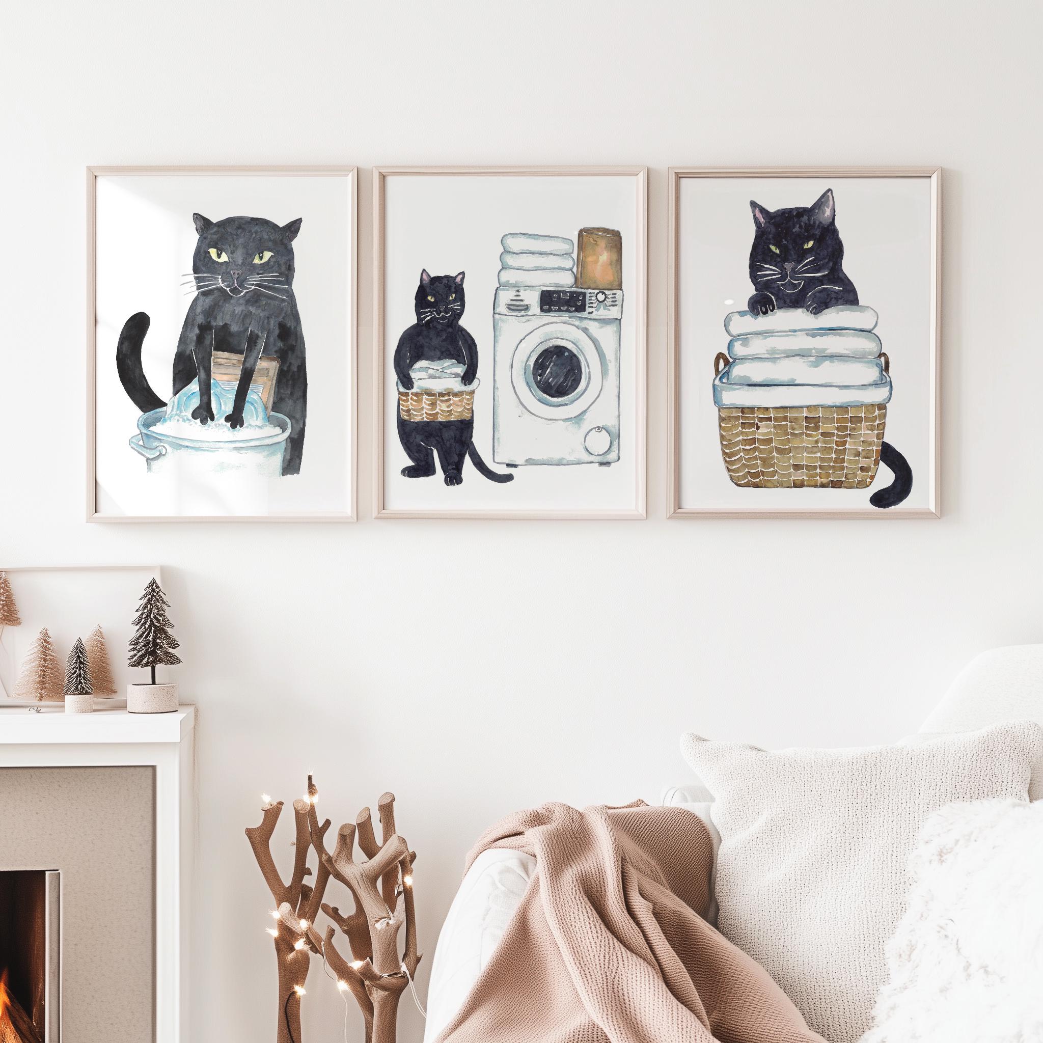 Set of 3 Black Cat Laundry Painting Wall Poster Watercolor Art Decor ...